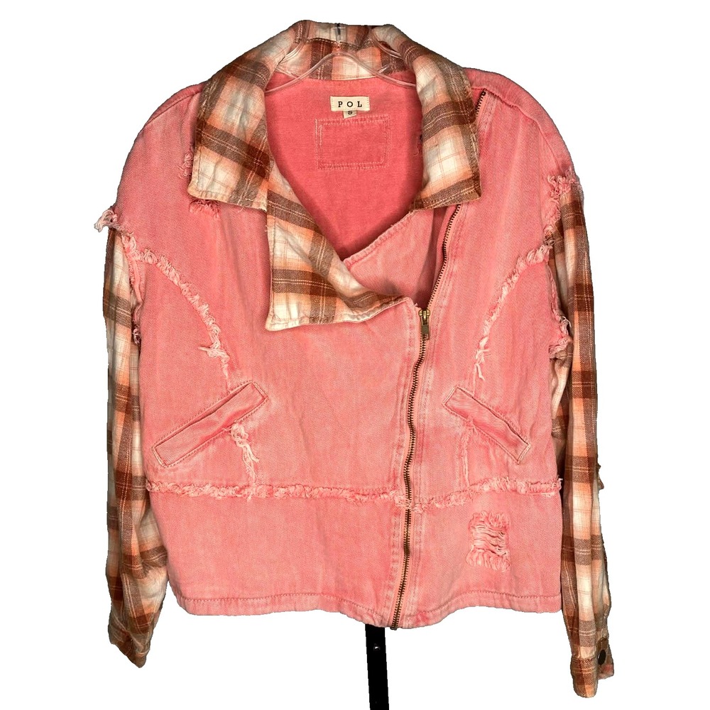POL Denim Pink Jacket women's Contrasting Plaid Collar and Sleeves Size‎ Small